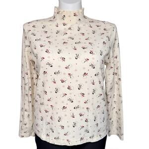 Croft & Barrow Womens T Shirt Top Long Sleeve Mock Neck Snowman Print Large
